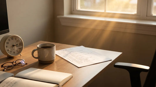 Afternoon office desk with coffee cup, task list, and low sunlight